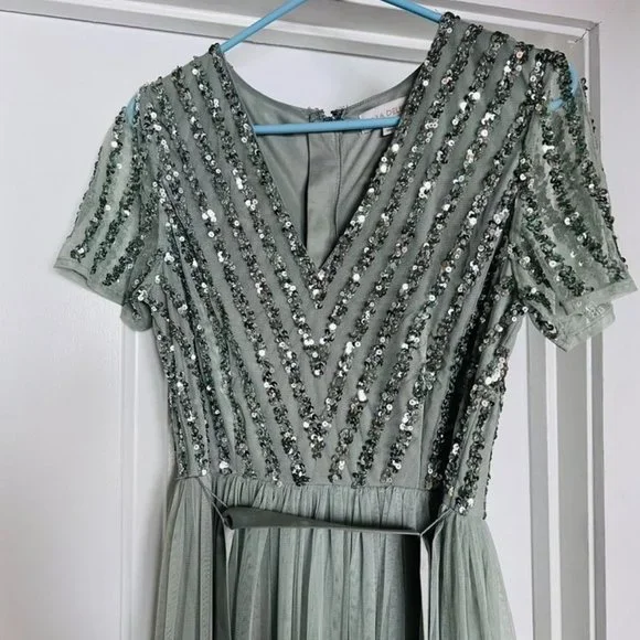 slim fit dress slacks Green High Neck Beaded Fringe Fitted Gown